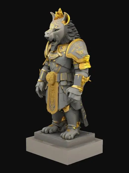 3D model for [Peru] The Temple Warden — a stone guardian statue inspired by Incan art, with gold-trimmed geometric armor and jaguar faceplate, standing firmly with arms down, symmetrical, stylized, watertight for 3D print, solid mesh, no floating elements, clean design, #AroundTheWorld#