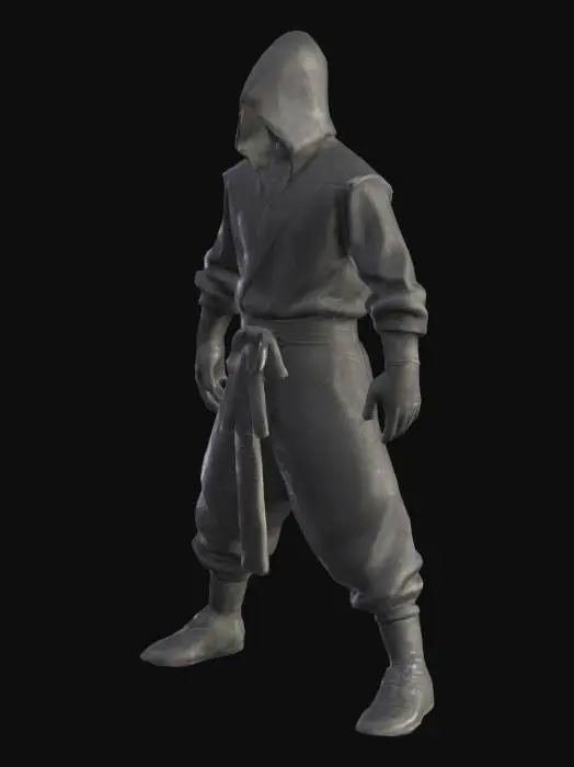3D model for Human ninja, black clothing, no weapons, A-shape for animation