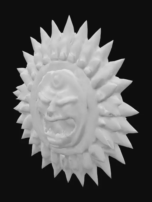 3D model for A stylized ancient Aztec sun disc, golden with intricate carved patterns and a fierce, central face. The edges are sharp and serrated, resembling sun rays. #emblem#