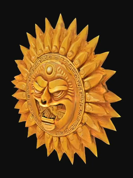 3D model for A stylized ancient Aztec sun disc, golden with intricate carved patterns and a fierce, central face. The edges are sharp and serrated, resembling sun rays. #emblem#