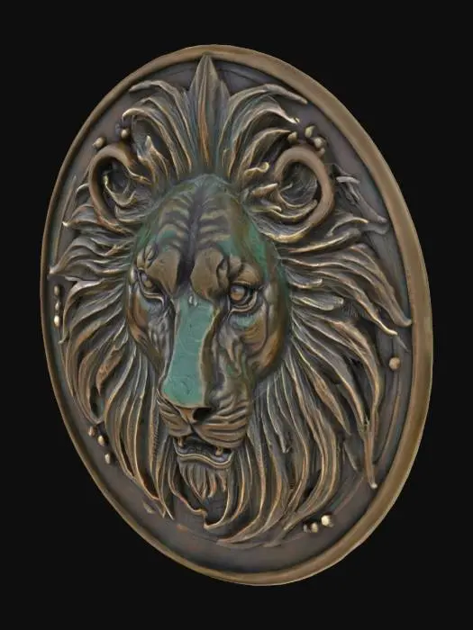 3D model for A majestic, roaring lion's head, meticulously sculpted in a classical, heraldic style, bursting forth from a circular escutcheon. Its mane is deeply textured, flowing with individual strands, and its eyes pierce forward. The entire emblem is cast in polished, aged bronze with subtle verdigris accents in the recessed areas, and a sharp, defined outline., #emblem#