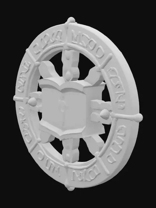 3D model for A circular emblem made of worn brass and obsidian, featuring a stylized open book at the center with glowing circuitry lines etched into its pages. The emblem is surrounded by ancient script carved into the outer ring and small embedded crystal nodes at the cardinal points. The surface is slightly weathered with deep engravings and raised details, giving it an arcane technological feel. Designed with perfect radial symmetry, for 3D printing or game asset use., 
