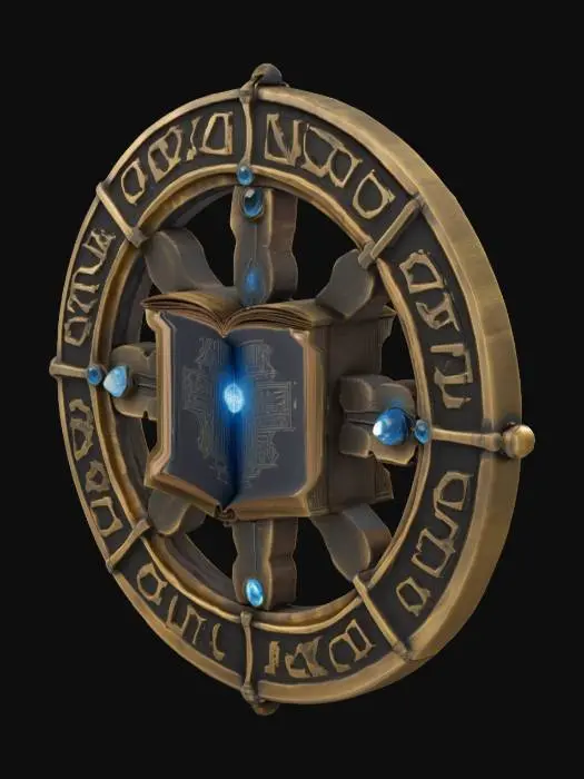 3D model for A circular emblem made of worn brass and obsidian, featuring a stylized open book at the center with glowing circuitry lines etched into its pages. The emblem is surrounded by ancient script carved into the outer ring and small embedded crystal nodes at the cardinal points. The surface is slightly weathered with deep engravings and raised details, giving it an arcane technological feel. Designed with perfect radial symmetry, for 3D printing or game asset use., 
