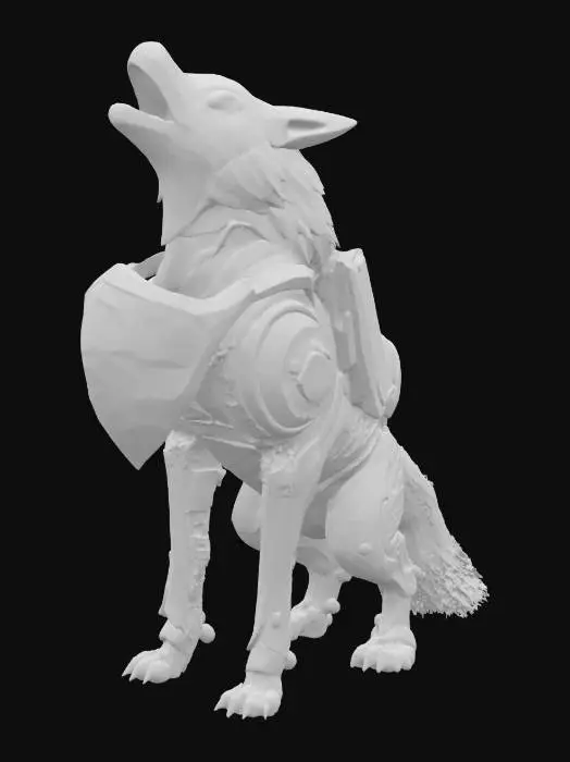 3D model for A robotic wolf howling in front of a half-moon gear, backed by a shield. Cyberpunk + primal hybrid theme., #emblem#