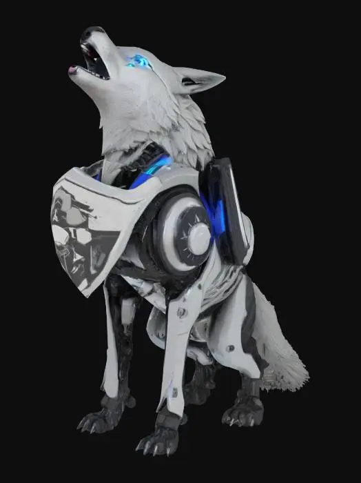 3D model for A robotic wolf howling in front of a half-moon gear, backed by a shield. Cyberpunk + primal hybrid theme., #emblem#