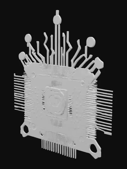 3D model for A chip-shaped emblem with circuit branches forming a crown and a central energy core. Futuristic tech royalty., #emblem#