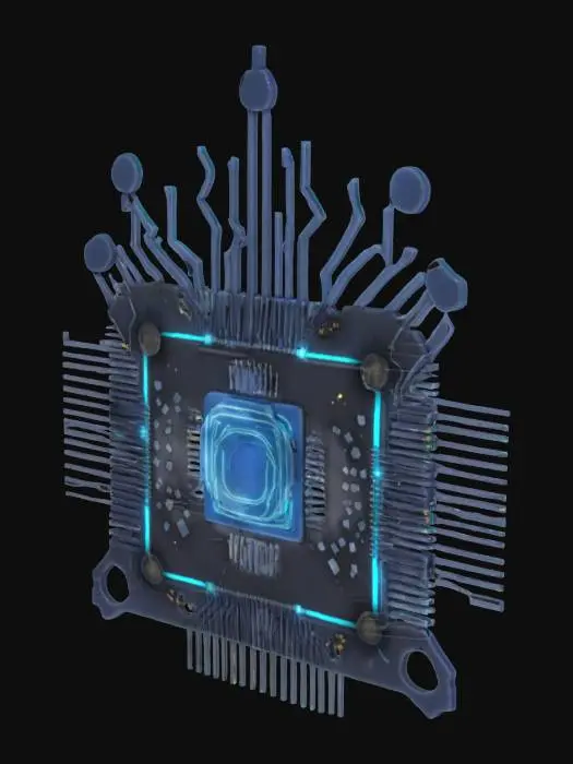3D model for A chip-shaped emblem with circuit branches forming a crown and a central energy core. Futuristic tech royalty., #emblem#