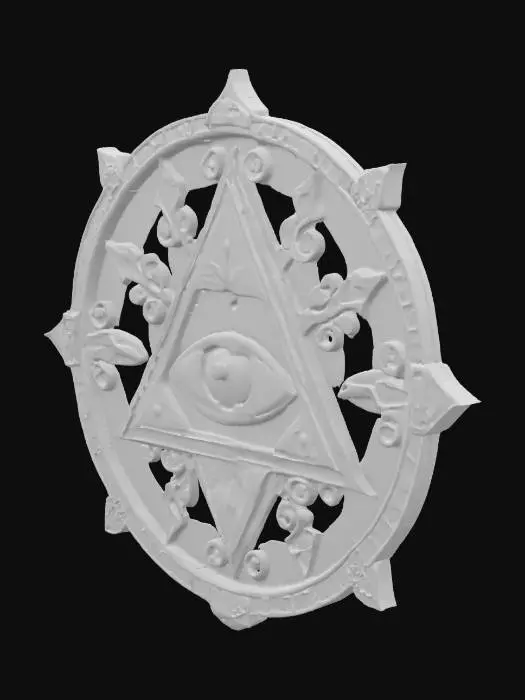 3D model for A single eye symbol with runic rays within a triangle, encircled by ornate borders. Mystical, occult-themed emblem., #emblem#