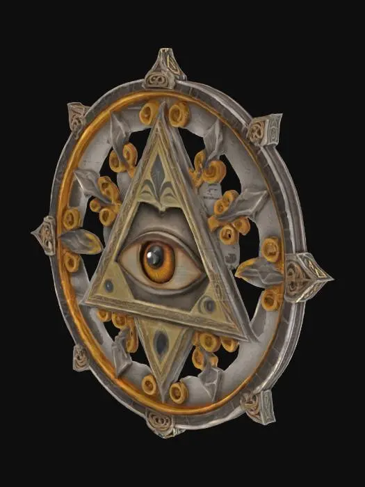 3D model for A single eye symbol with runic rays within a triangle, encircled by ornate borders. Mystical, occult-themed emblem., #emblem#