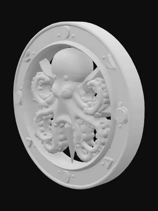 3D model for A stylized octopus wrapping around a compass rose, enclosed in a round medallion. Nautical + explorer theme., #emblem#