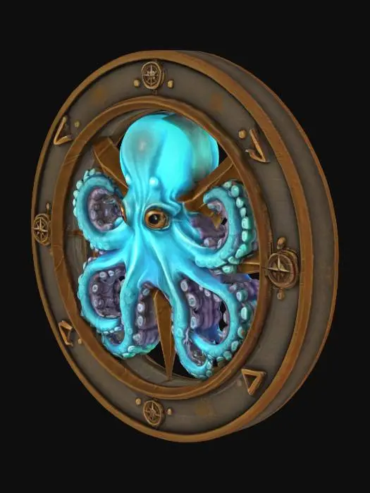 3D model for A stylized octopus wrapping around a compass rose, enclosed in a round medallion. Nautical + explorer theme., #emblem#