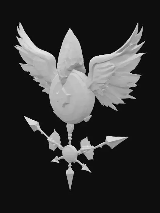3D model for A winged crystal hovering above crossed spears and a circular sky ring. Represents vigilance and elemental power., #emblem#