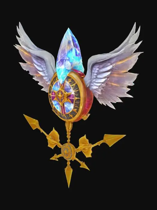 3D model for A winged crystal hovering above crossed spears and a circular sky ring. Represents vigilance and elemental power., #emblem#