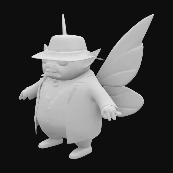 3D model for #fairy#, A stylized 3D model of a Fairy Mobster, blending 1920s gangster flair with whimsical fairy charm. Short, round, and bubbly figure with a slick pinstripe suit, tiny fedora tilted to the side, and shiny dress shoes. Chubby cheeks, twirled mustache, and a playful smirk. Glowing fairy wings shaped like smoke wisps, floating cigar with sparkly embers, gold pocket watch, and magical tommy gun with candy-like glow. Strikes a confident, sassy pose like a tiny crime boss of the fairy world.