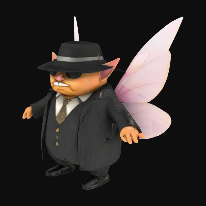 3D model for #fairy#, A stylized 3D model of a Fairy Mobster, blending 1920s gangster flair with whimsical fairy charm. Short, round, and bubbly figure with a slick pinstripe suit, tiny fedora tilted to the side, and shiny dress shoes. Chubby cheeks, twirled mustache, and a playful smirk. Glowing fairy wings shaped like smoke wisps, floating cigar with sparkly embers, gold pocket watch, and magical tommy gun with candy-like glow. Strikes a confident, sassy pose like a tiny crime boss of the fairy world.