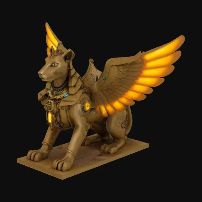 3D model for [Egypt] Steampunk Mechanical Sphinx sculpture, ancient gears, clockwork wings, glowing hieroglyphic details, watertight solid geometry, highly detailed, symmetrical , #AroundTheWorld#, 

