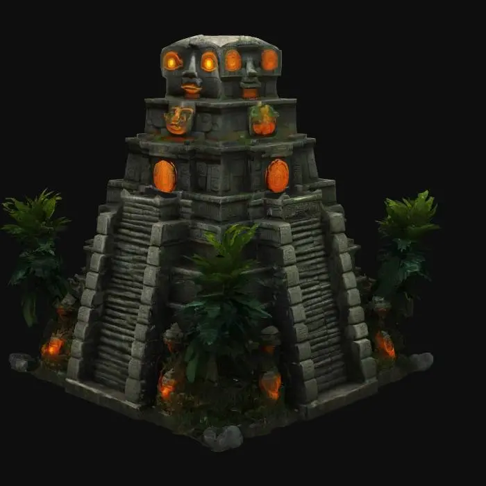 3D model for [Mexico] Mayan temple scene deep in the jungle, ancient stone pyramid with glowing mystical symbols, lush detailed foliage, carved stone idols, symmetrical solid geometry, high-resolution printable mesh #AroundTheWorld#
, #AroundTheWorld#