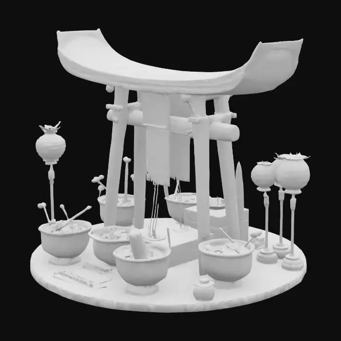 3D model for [Japan] Mystical ramen shrine scene, traditional torii gate made from chopsticks, bowls of steaming ramen as temple offerings, lanterns shaped like sushi rolls, detailed symmetrical geometry, printable solid mesh #AroundTheWorld#
, #AroundTheWorld#