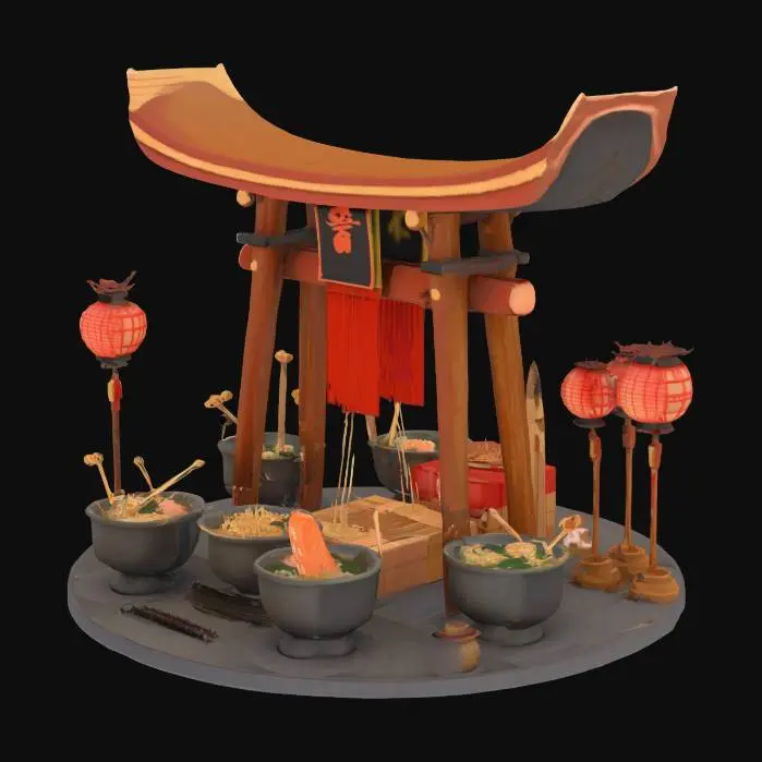 3D model for [Japan] Mystical ramen shrine scene, traditional torii gate made from chopsticks, bowls of steaming ramen as temple offerings, lanterns shaped like sushi rolls, detailed symmetrical geometry, printable solid mesh #AroundTheWorld#
, #AroundTheWorld#