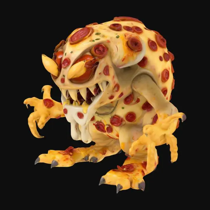 3D model for [USA] The Pizza Fiend: A massive angry pizza cheese monster statue with gooey melted mozzarella body, giant salami slices for glowing eyes, jagged crust mouth dripping hot sauce, stretched cheese arms with embedded pepperoni and olives, thick crust feet, chaotic wild pose, back armored with bubbling pizza oven texture, symmetrical, highly detailed, watertight, solid printable 3D style, no floating parts, full-body character focus only, #AroundTheWorld#