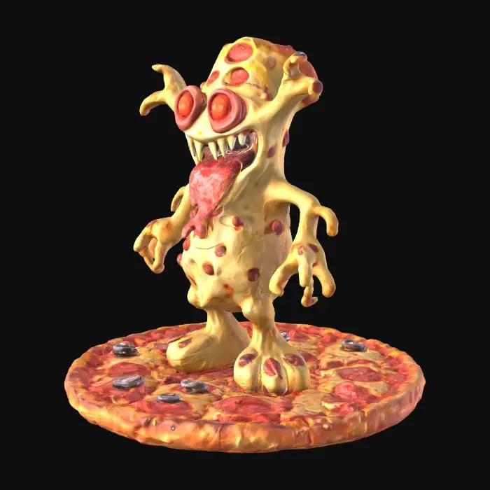 3D model for [USA] The Pizza Fiend: A massive angry pizza cheese monster statue with gooey melted mozzarella body, giant salami slices for glowing eyes, jagged crust mouth dripping hot sauce, stretched cheese arms with embedded pepperoni and olives, thick crust feet, chaotic wild pose, back armored with bubbling pizza oven texture, symmetrical, highly detailed, watertight, solid printable 3D style, no floating parts, full-body character focus only, #AroundTheWorld#