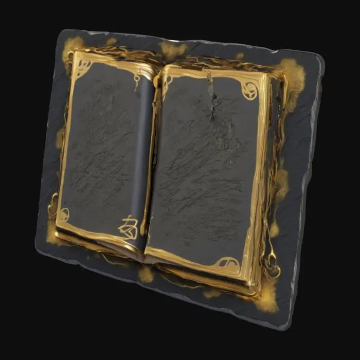3D model for Black and gold stone tablet, open book in middle with scribble lines for text as embossed icon, baked in high quality details for 3d printing, #emblem#