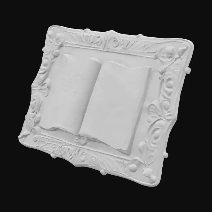 3D model for Black and gold stone tablet, open book in middle with scribble lines for text as embossed icon, baked in high quality details for 3d printing, #emblem#