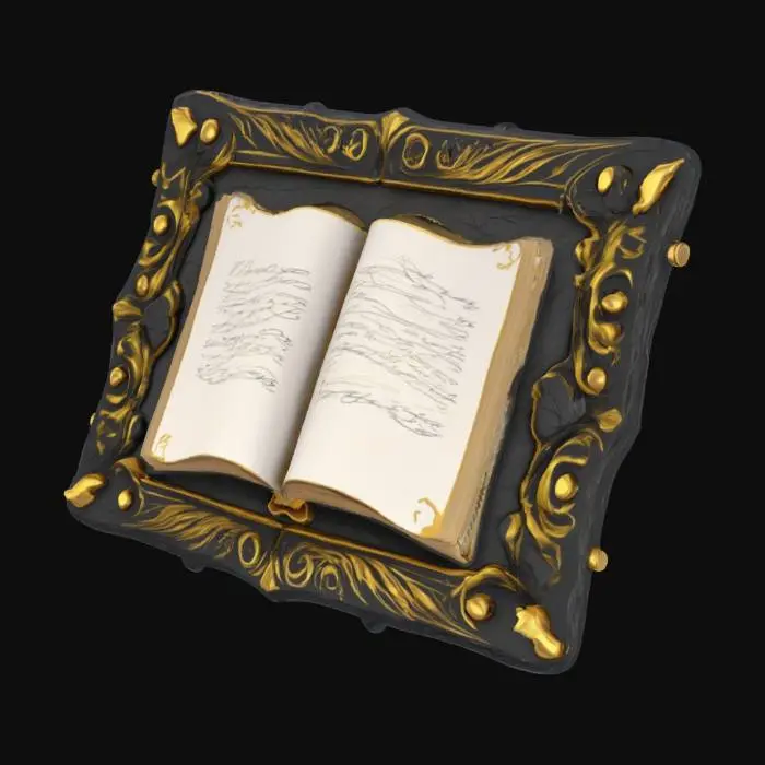 3D model for Black and gold stone tablet, open book in middle with scribble lines for text as embossed icon, baked in high quality details for 3d printing, #emblem#
