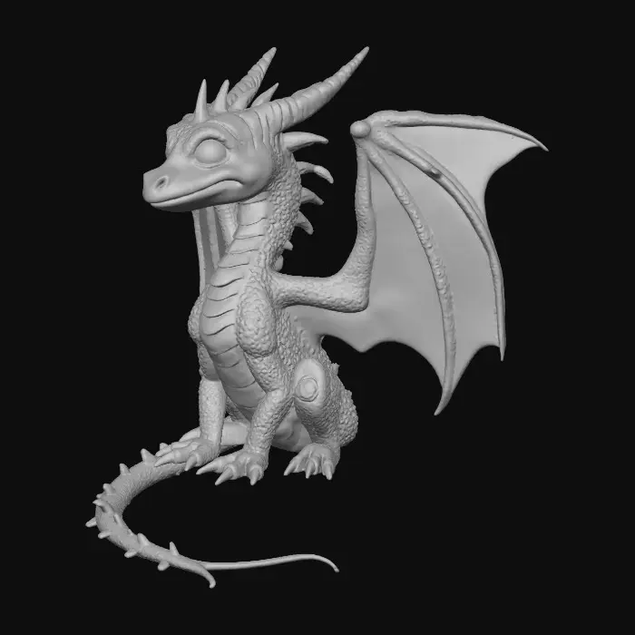 3D model for ein rötlichen Drachen mit schwarzen Flügeln, der auf Baumstumpf sitz, blick zu mir.