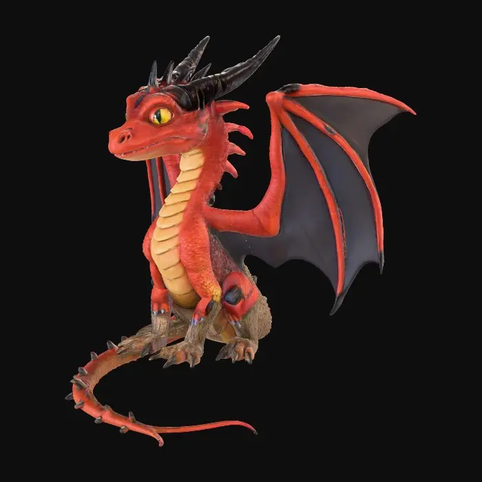 3D model for ein rötlichen Drachen mit schwarzen Flügeln, der auf Baumstumpf sitz, blick zu mir.