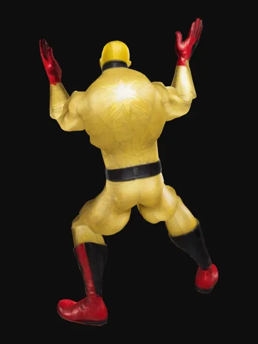 3D model for Muscular male superhero in dynamic action pose, athletic build with heroic proportions. Standing with one fist clenched forward, legs in wide stance. Wearing full-body fitted costume with mask covering upper face. Classic comic book superhero anatomy with defined muscles. Face requires detailed mouth for animation. Body needs full articulation joints for movement. T-pose version for easy rigging. Comic art style.