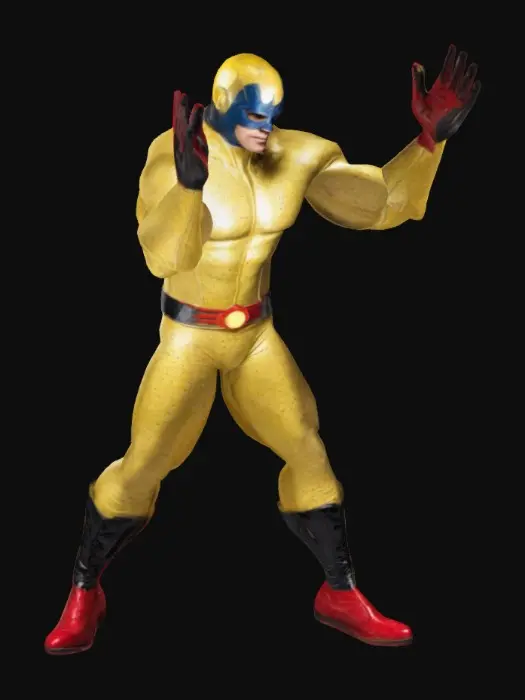 3D model for Muscular male superhero in dynamic action pose, athletic build with heroic proportions. Standing with one fist clenched forward, legs in wide stance. Wearing full-body fitted costume with mask covering upper face. Classic comic book superhero anatomy with defined muscles. Face requires detailed mouth for animation. Body needs full articulation joints for movement. T-pose version for easy rigging. Comic art style.
