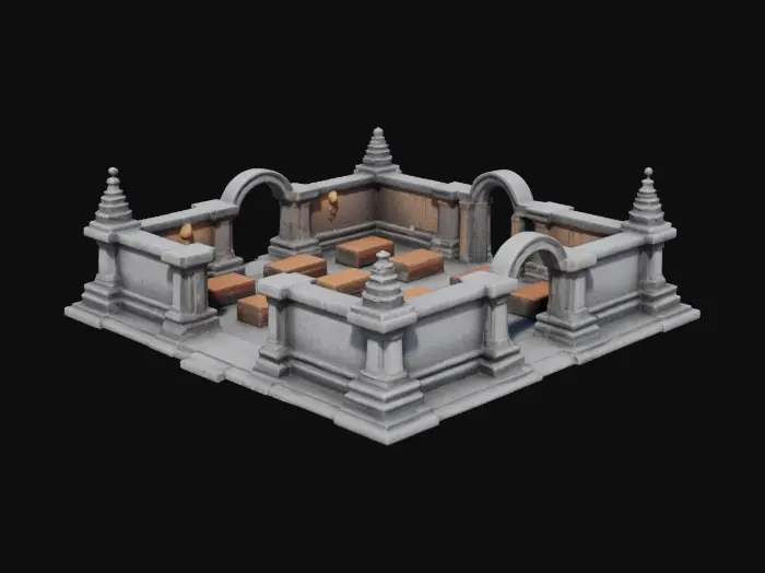 3D model for rectangular graveyard tomb with multiple opening walkways the building the holds the caskets in the graveyard but with interior to 
