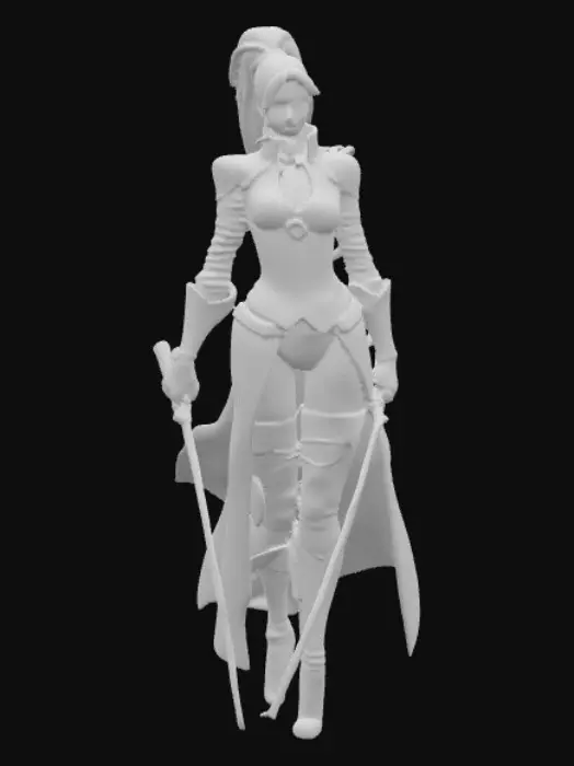 3D model for A female figure with long, flowing blonde hair styled in a high ponytail, framing a face with piercing green eyes and a determined expression. She is clad in a sleek, light red leather armor adorned with intricate gold trim, presenting a regal yet functional aesthetic. The armor's design emphasizes nimble movement. Her lower legs are covered by tall, dark black boots and a black skirt with red underwear. At her hips, two curved sabers are sheathed, one on each side.