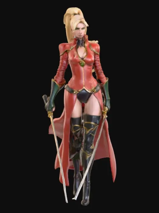 3D model for A female figure with long, flowing blonde hair styled in a high ponytail, framing a face with piercing green eyes and a determined expression. She is clad in a sleek, light red leather armor adorned with intricate gold trim, presenting a regal yet functional aesthetic. The armor's design emphasizes nimble movement. Her lower legs are covered by tall, dark black boots and a black skirt with red underwear. At her hips, two curved sabers are sheathed, one on each side.