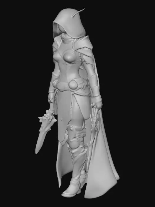 3D model for Female night elf rogue with a slender build and long pointed ears wearing dark red and black leather and plate armour. Her chest is covered by a silver chainmail lattice pattern, and her shoulders are protected by crimson pauldrons with spiked ridges. A deep hood with a dark red cowl and a black mask obscure her face, creating a mysterious assassin look. Her belt has ornate silver filigree and pouches for tools. She dual‑wields two glowing orange daggers shaped like flaming crystals. Her dark cloak hangs down behind her, trimmed in red. Her boots and leggings are black with red trim and reinforced knee guards. She stands in a ready combat stance, an agile and deadly night elf assassin.
