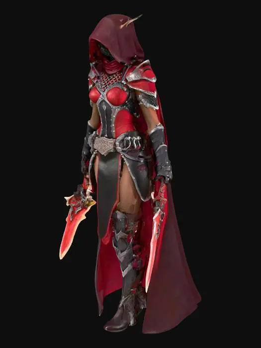 3D model for Female night elf rogue with a slender build and long pointed ears wearing dark red and black leather and plate armour. Her chest is covered by a silver chainmail lattice pattern, and her shoulders are protected by crimson pauldrons with spiked ridges. A deep hood with a dark red cowl and a black mask obscure her face, creating a mysterious assassin look. Her belt has ornate silver filigree and pouches for tools. She dual‑wields two glowing orange daggers shaped like flaming crystals. Her dark cloak hangs down behind her, trimmed in red. Her boots and leggings are black with red trim and reinforced knee guards. She stands in a ready combat stance, an agile and deadly night elf assassin.