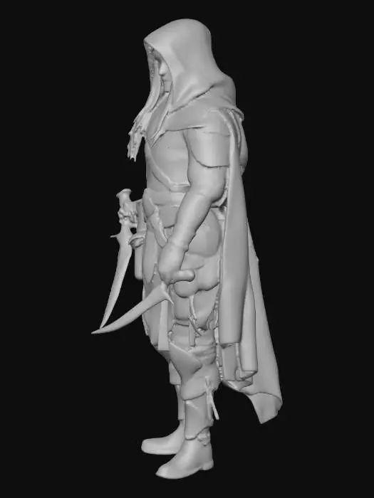 3D model for Male wood elf rogue with long silver hair partly visible under a hood, sharp angular features, athletic lean build with broad shoulders. He wears layered leather reinforced with engraved light plate, decorated with subtle elven filigree and faint voidal motifs. A dark hooded cloak flows behind him, tattered at the edges with rune embroidery and a serpent-shaped clasp at the collar. At his belt hang twin curved daggers, one ornate elven steel and one void-touched, while in his hand he holds a small silver locket, symbol of his past. Belt lined with pouches, lockpicks, and thief’s tools. Boots sturdy yet elegant for silent steps. Pose: standing tall but ready, cloak swept aside, a rogue who blends charisma, danger, and mystery. 28mm RPG miniature optimized for resin 3D printing.