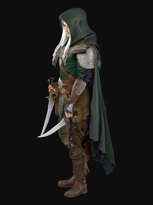 3D model for Male wood elf rogue with long silver hair partly visible under a hood, sharp angular features, athletic lean build with broad shoulders. He wears layered leather reinforced with engraved light plate, decorated with subtle elven filigree and faint voidal motifs. A dark hooded cloak flows behind him, tattered at the edges with rune embroidery and a serpent-shaped clasp at the collar. At his belt hang twin curved daggers, one ornate elven steel and one void-touched, while in his hand he holds a small silver locket, symbol of his past. Belt lined with pouches, lockpicks, and thief’s tools. Boots sturdy yet elegant for silent steps. Pose: standing tall but ready, cloak swept aside, a rogue who blends charisma, danger, and mystery. 28mm RPG miniature optimized for resin 3D printing.
