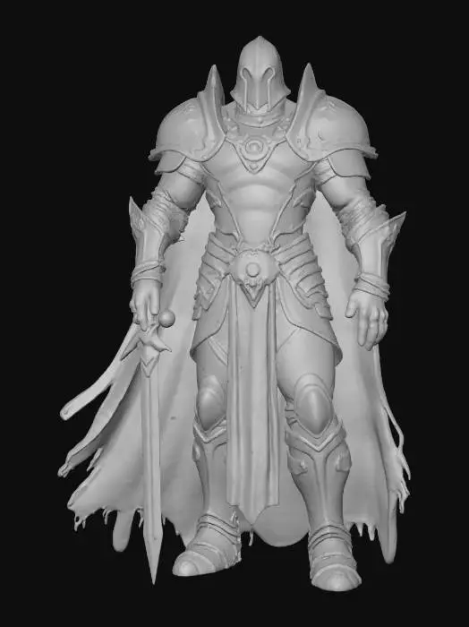 3D model for Create an image of Mal’Dazar, the Faceless Baron, an aberration from beyond reality and leader of the Black Hand. Depict him as a towering humanoid clad in black full plate armor that leaks living shadows from the joints and seams. His helmet is perfectly smooth and faceless, no eyes or mouth, only faint lines of dim crimson light pulsing beneath the metal. His armor bears faint runes of unmaking that glow like embers within smoke. He wields a massive greatsword forged of shadow and void energy, absorbing nearby light. The ground around him cracks and dark mist seeps outward. The scene should feel oppressive, otherworldly, and regal in its dread — the presence of a commander who should not exist.