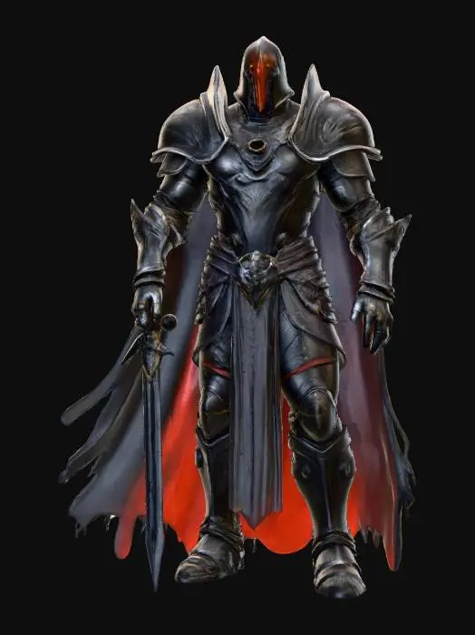 3D model for Create an image of Mal’Dazar, the Faceless Baron, an aberration from beyond reality and leader of the Black Hand. Depict him as a towering humanoid clad in black full plate armor that leaks living shadows from the joints and seams. His helmet is perfectly smooth and faceless, no eyes or mouth, only faint lines of dim crimson light pulsing beneath the metal. His armor bears faint runes of unmaking that glow like embers within smoke. He wields a massive greatsword forged of shadow and void energy, absorbing nearby light. The ground around him cracks and dark mist seeps outward. The scene should feel oppressive, otherworldly, and regal in its dread — the presence of a commander who should not exist.