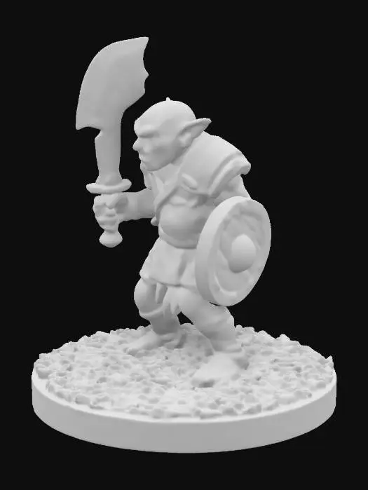 3D model for Goblin Soldier wearing chain-mail holding a chipped jagged sword in his right hand and chipped wooden buckler in his left standing on a grassy plinth