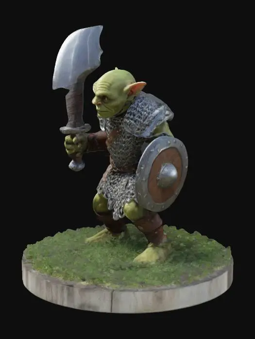 3D model for Goblin Soldier wearing chain-mail holding a chipped jagged sword in his right hand and chipped wooden buckler in his left standing on a grassy plinth