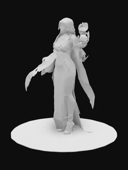 3D model for Female human Mage in a sheer blue dress and a cloak flowing freely behind her with fireball in her left hand. standing on circle of  cobblestone path