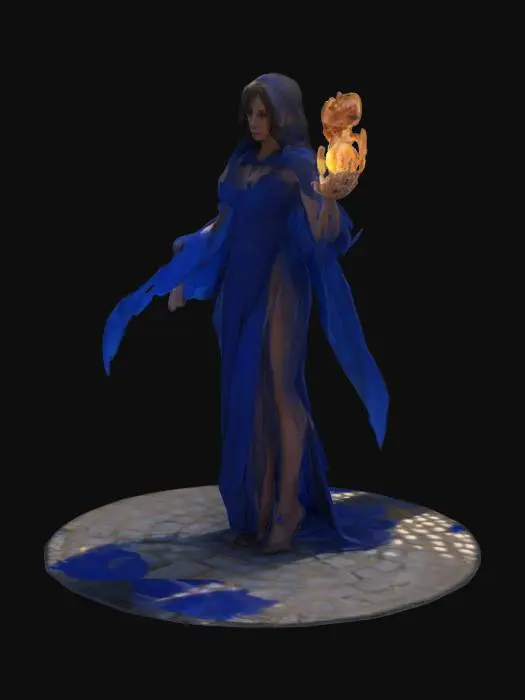 3D model for Female human Mage in a sheer blue dress and a cloak flowing freely behind her with fireball in her left hand. standing on circle of  cobblestone path