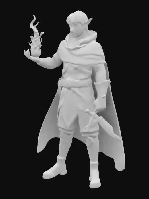 3D model for Male Half elf mage theif  with a charming smile.a fireball in one hand hiding a dagger  behind his back with his m8dnight metalic blue Cape flowing around hit