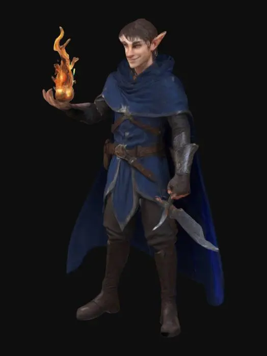 3D model for Male Half elf mage theif  with a charming smile.a fireball in one hand hiding a dagger  behind his back with his m8dnight metalic blue Cape flowing around hit