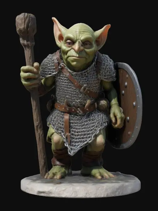 3D model for Large goblin wearing chain-mail vest holding a large wooden tree branch as a Club  in his right hand and an iron shield in his left standing on a round cave stone plinth