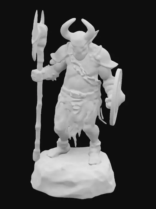 3D model for hobgoblins wearing chain-mail holding a large wooden Club with spikes in his right hand and an iron shield in his left standing on a rough cave stone plinth