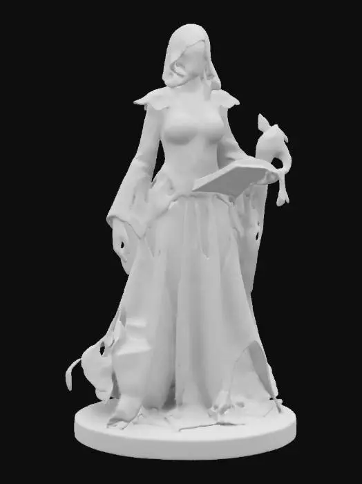 3D model for Human female warlock in scant black and purple robes revealing alot of her body.  holding a flesh bound spell book in her left hand. and a imp standing on the palm of her right hand, standing on a blood stained marble plinth
